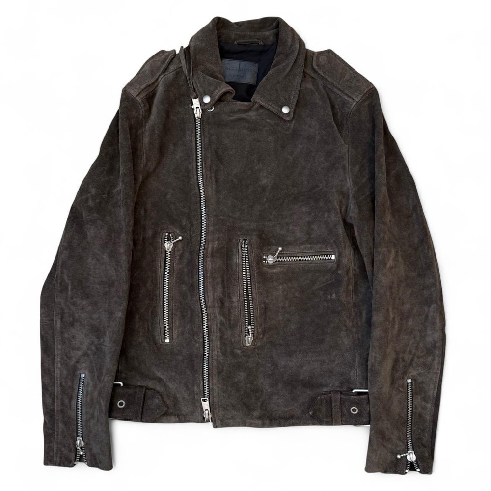 AllSaints Suede Cow Leather Brown Zip Up Nash Biker Jacket Adult Medium City